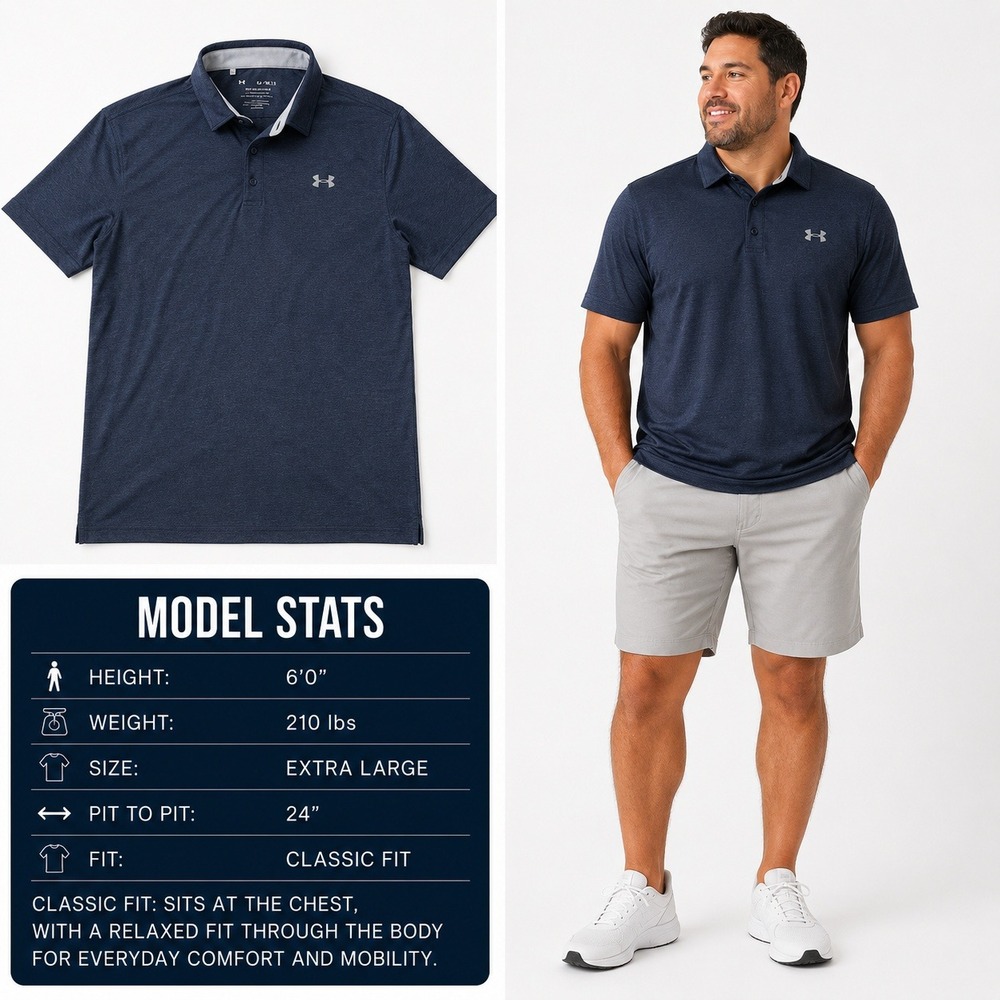 Under Armour Playoff Polo Mens XL Navy Blue Heathered HeatGear Loose Fit Shirt